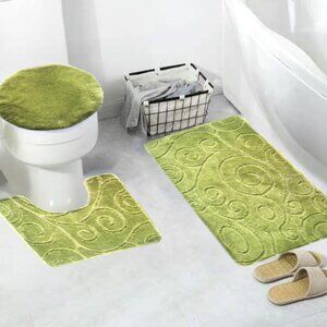 Scroll Oversize 3PC Bathroom Set Contour ,Mat ,Toilet Lid Cover Green